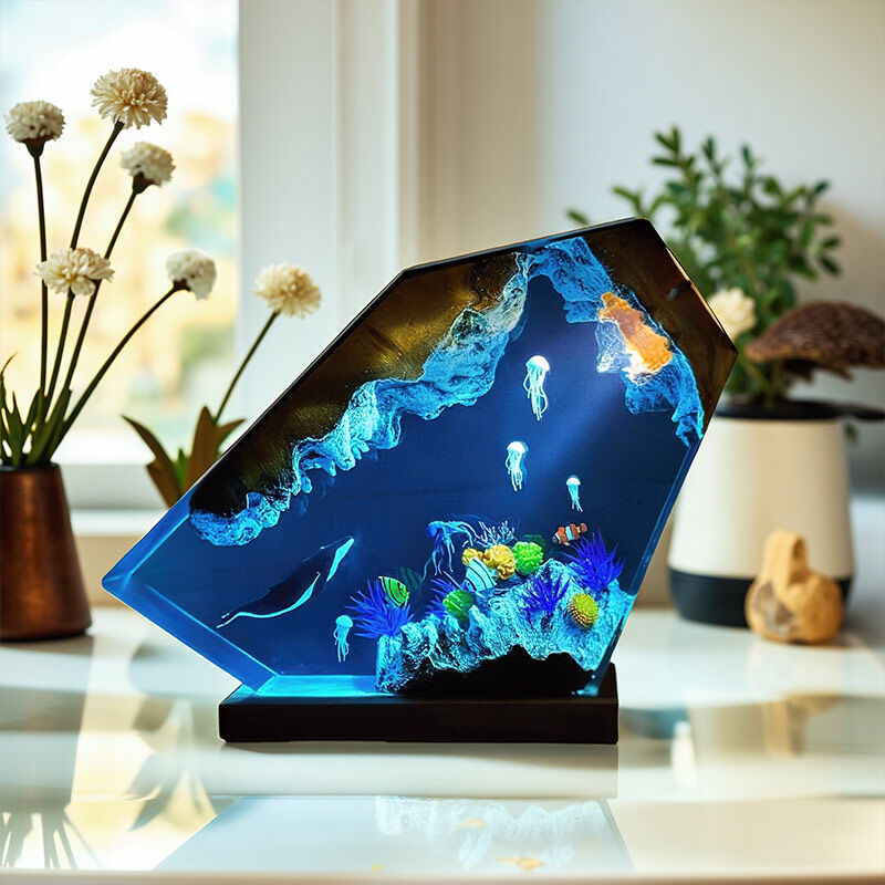 Reslol Oceanic Jellyfish & Whale Epoxy Wood Night Light