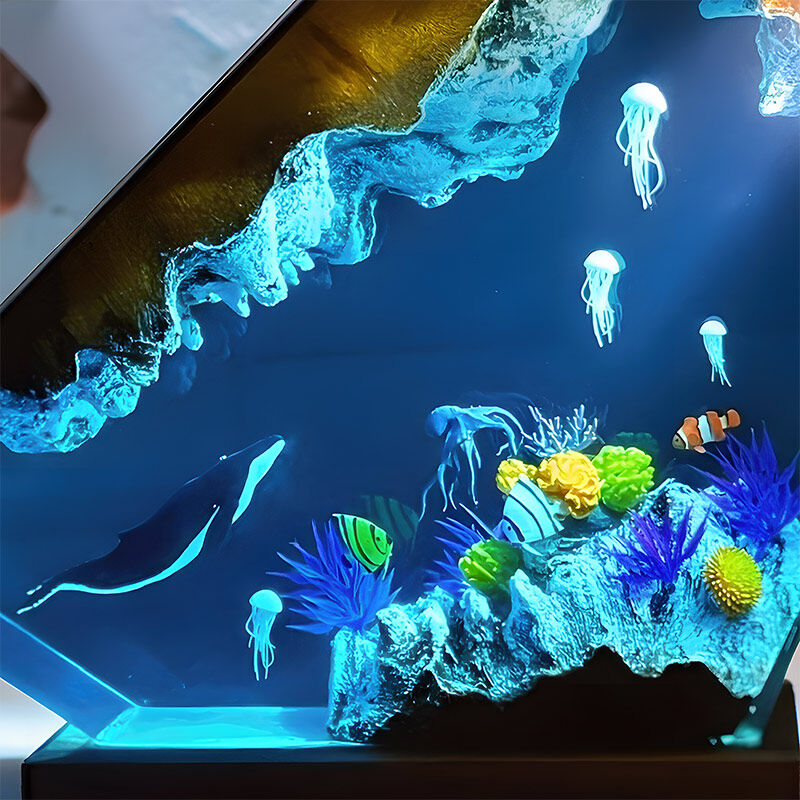 Reslol Oceanic Jellyfish & Whale Epoxy Wood Night Light