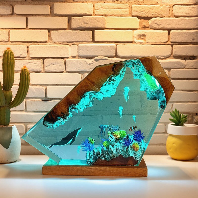 Reslol Oceanic Jellyfish & Whale Epoxy Wood Night Light