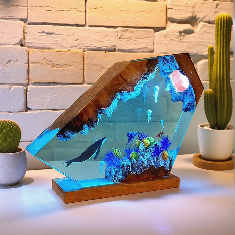 Reslol Oceanic Jellyfish & Whale Epoxy Wood Night Light