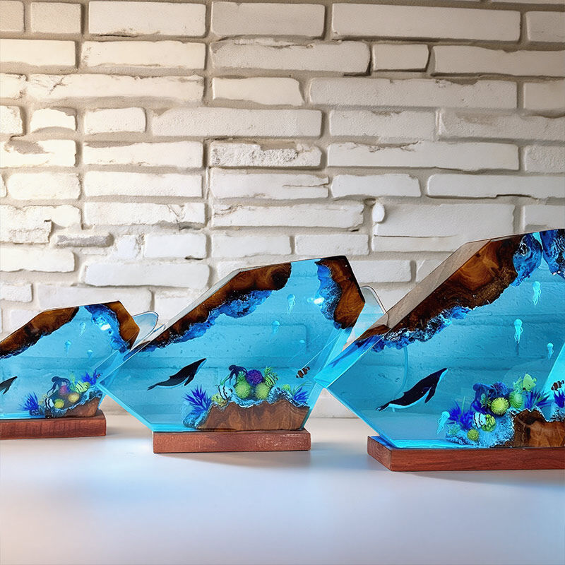 Reslol Oceanic Jellyfish & Whale Epoxy Wood Night Light